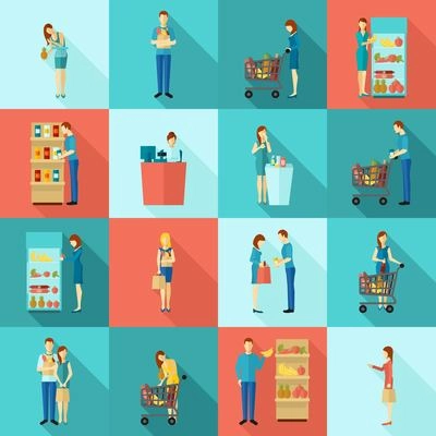 Buyers and customers human shopping and billing scene flat color long shadow icon set isolated vector illustration