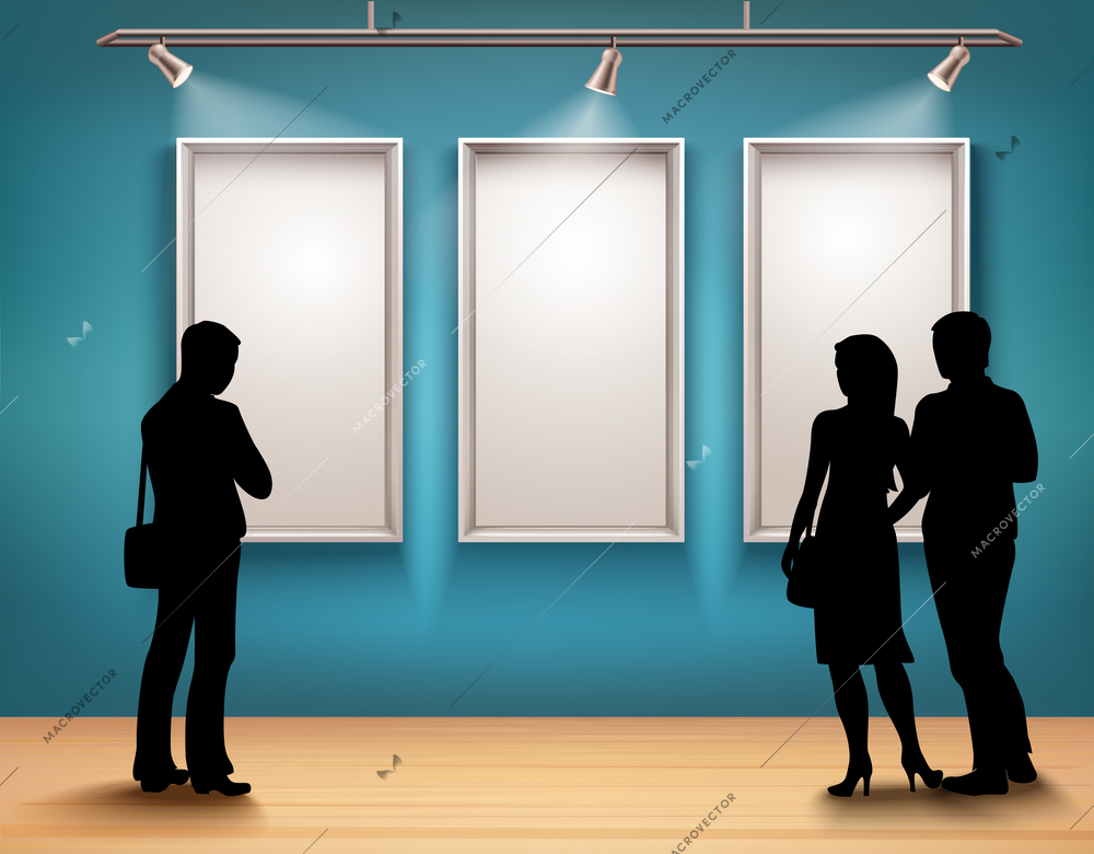 People silhouettes in front of picture frames in art gallery interior vector illustration