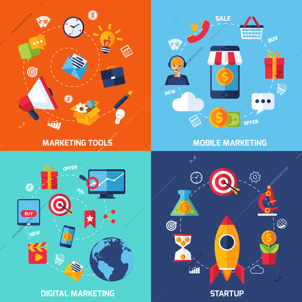 Digital marketing design concept set with startup flat icons isolated vector illustration