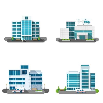 Hospital building outdoors facades flat decorative icons set isolated vector illustration