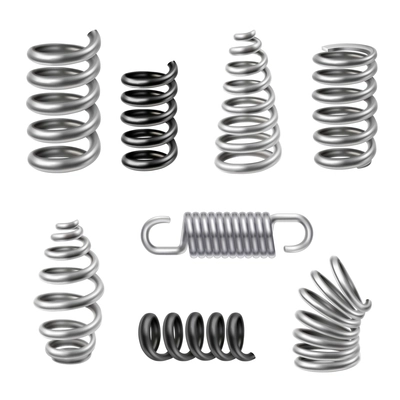 Realistic metal springs and machine absorbers set isolated vector illustration