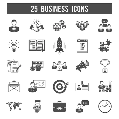 Successful new business launch and partnership development strategy concept 25 black icon collection abstract isolated vector illustration