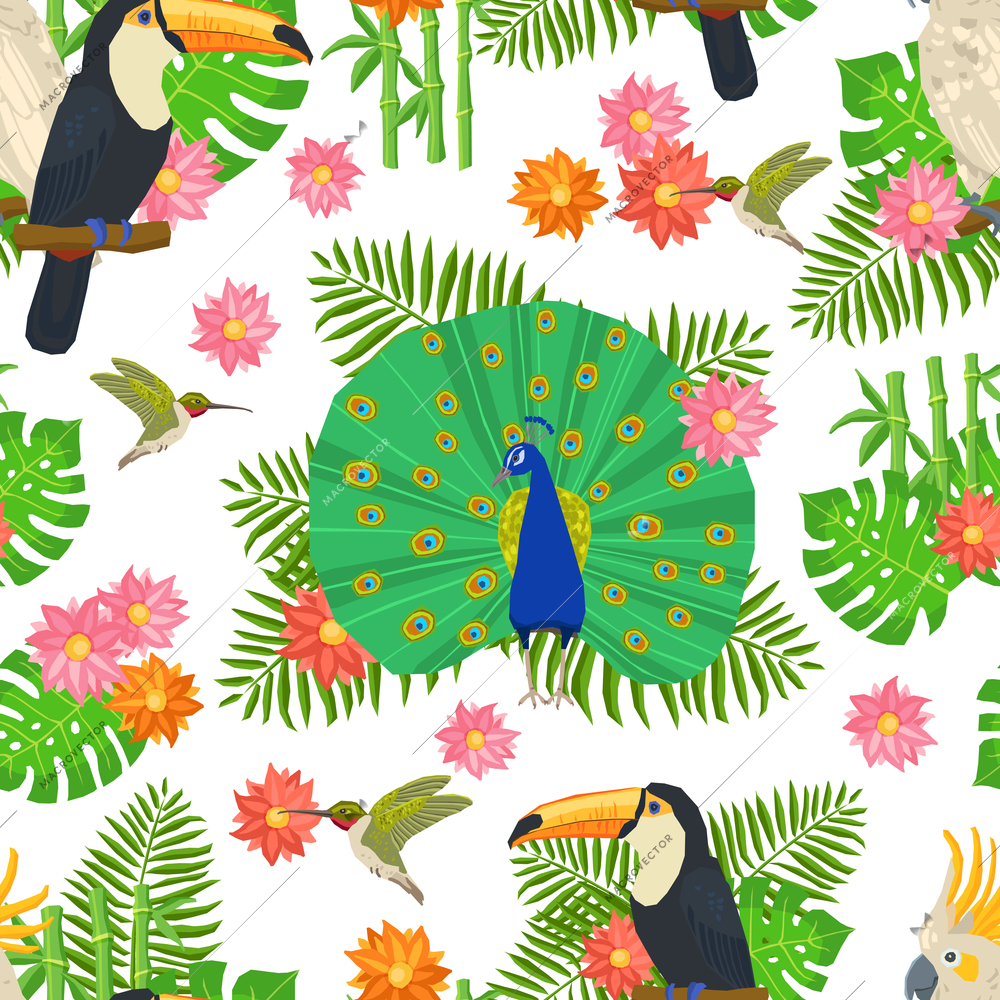 Tropical birds and exotic flowers and plants seamless pattern vector illustration