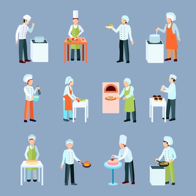 Cook profession icons set with salad pizza and cake making flat isolated vector illustration