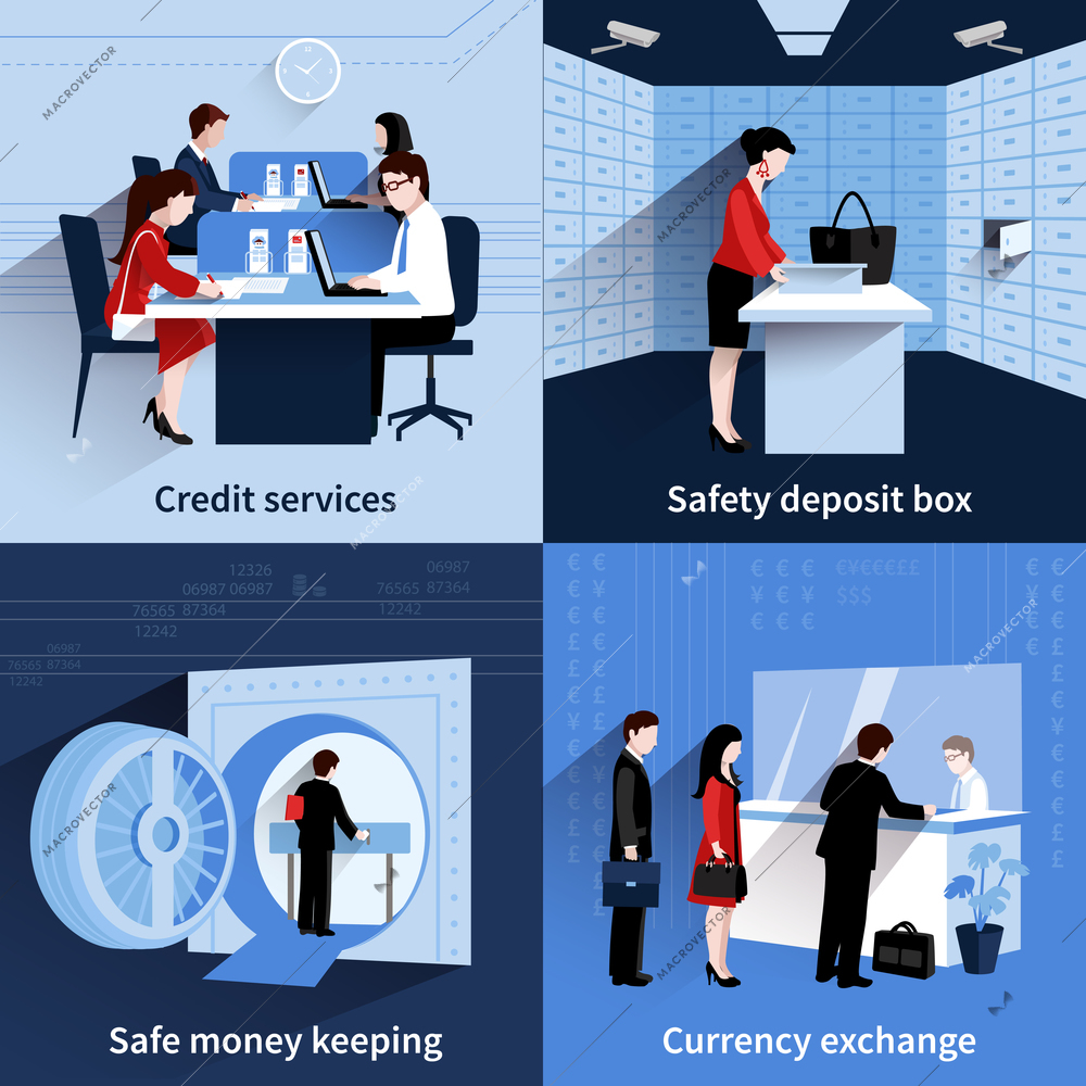 Bank people design concept set with credit services and safe money keeping flat icons isolated vector illustration