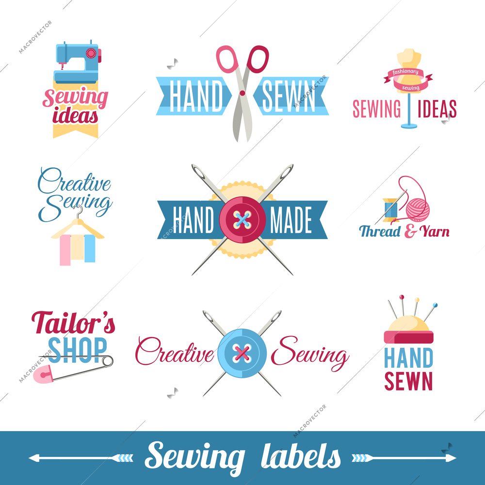 Various labels samples collection for creative  sewer self made or refashioned  clothes  identification abstract isolated vector illustration