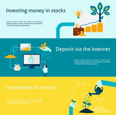 Investment horizontal banner with internet deposit flat elements set isolated vector illustration