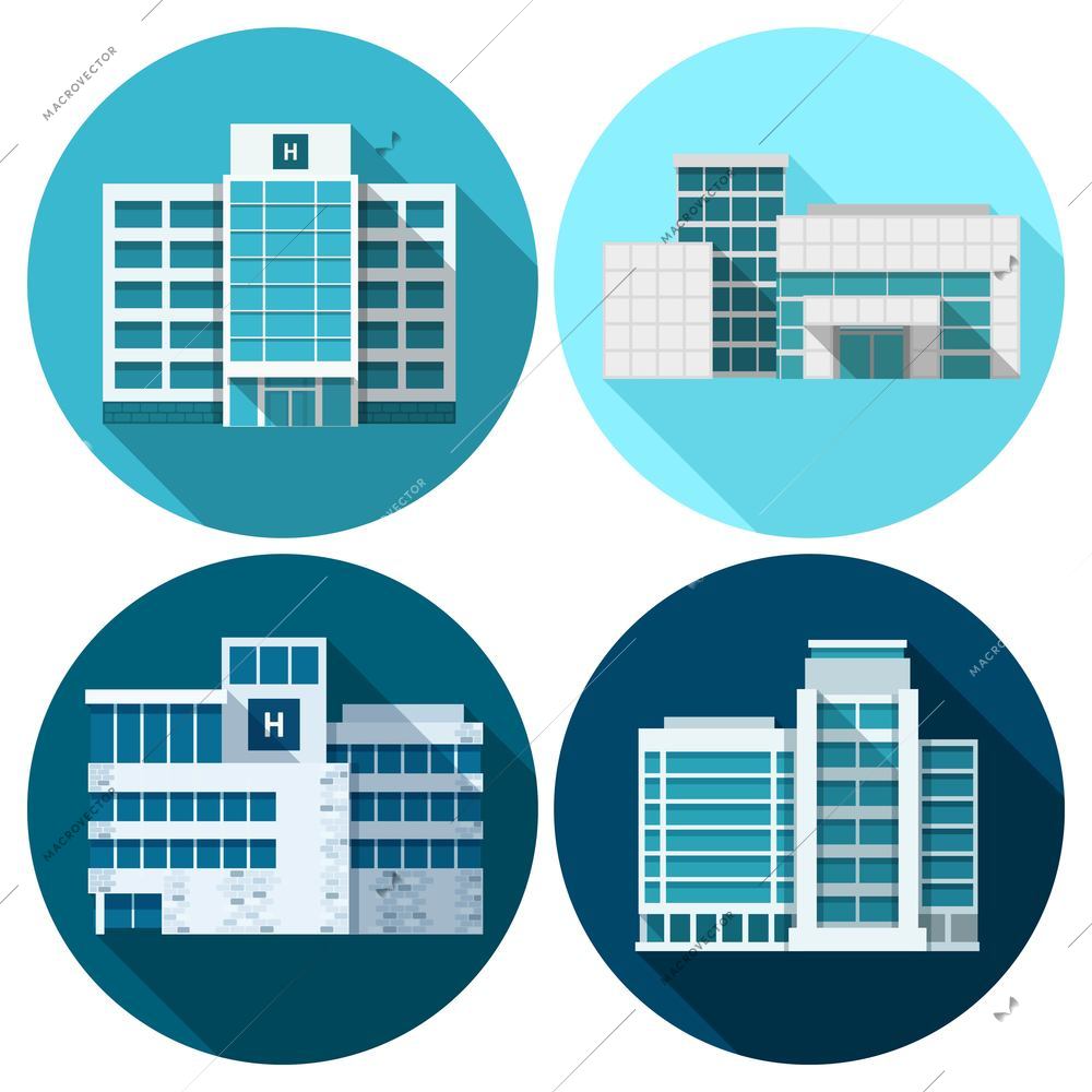 Hospital and medical first care building flat icons set isolated vector illustration