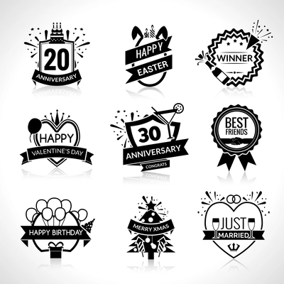 Birthday and wedding celebration black emblems set isolated vector illustration