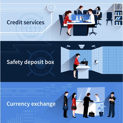 Bank people horizontal banners set with credit services and currency exchange flat elements isolated vector illustration