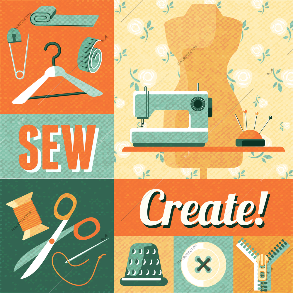 Vintage home sewing do it yourself craft decorative poster with tailor scissors and mannequin abstract vector illustration