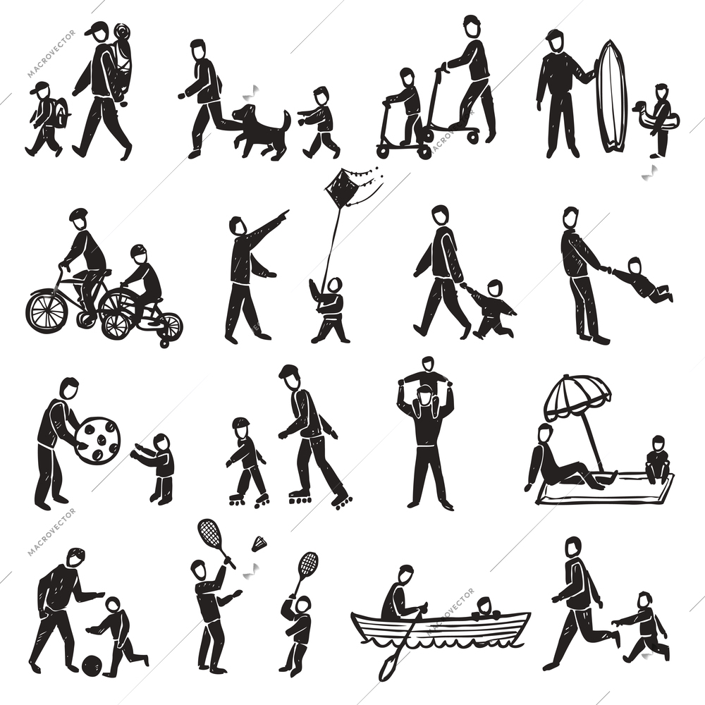 Family physical activity walking rollers badminton and other sport and rest sketch silhouette isolated vector illustration