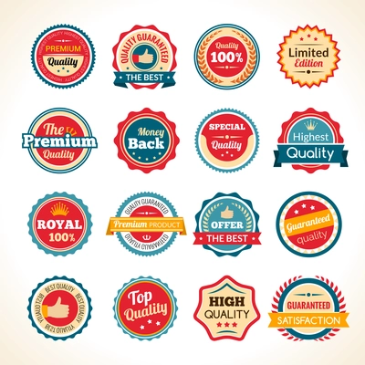 Best quality limited edition and guaranteed money back round black and white badges collection isolated vector illustration