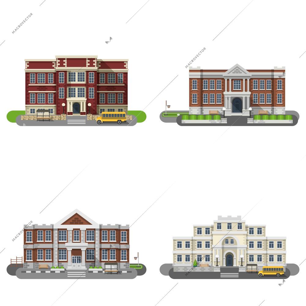 School and university buildings flat icons set isolated vector illustration