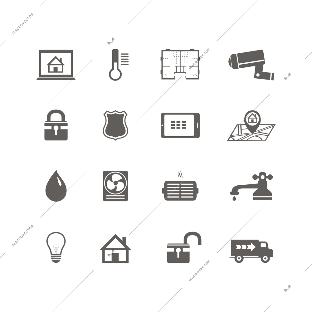 Smart home automation technology icons set of utilities surveillance camera and blueprint isolated vector illustration