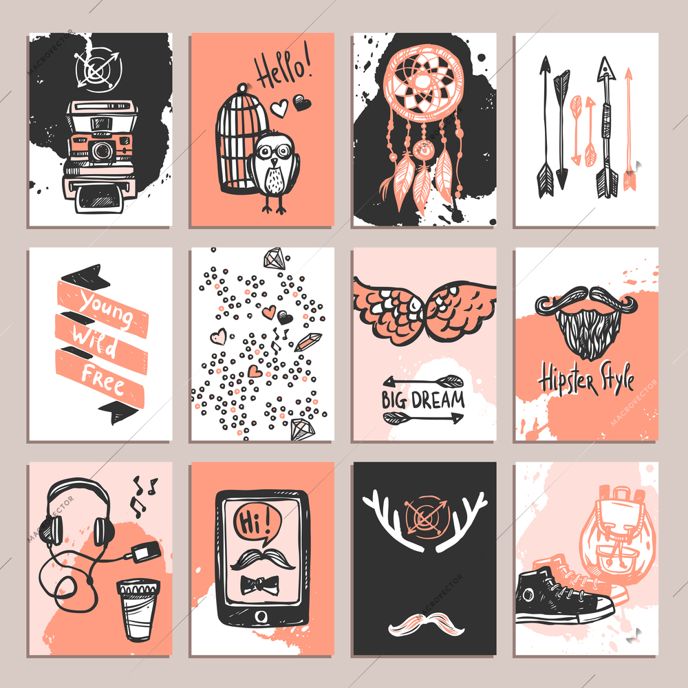 Hipster paper card set with sketch fashion accessories isolated vector illustration
