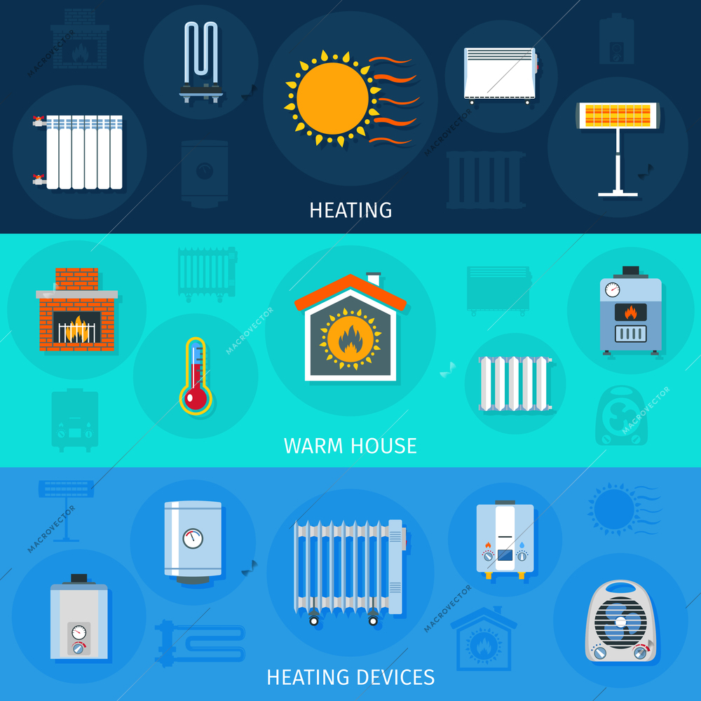 Warm house system and heating devices symbols color horizontal flat banner set isolated vector illustration
