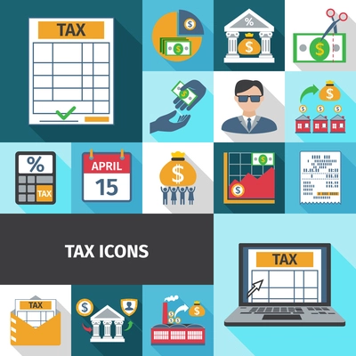 Tax charge fees and payment date flat color long shadows icon set isolated vector illustration