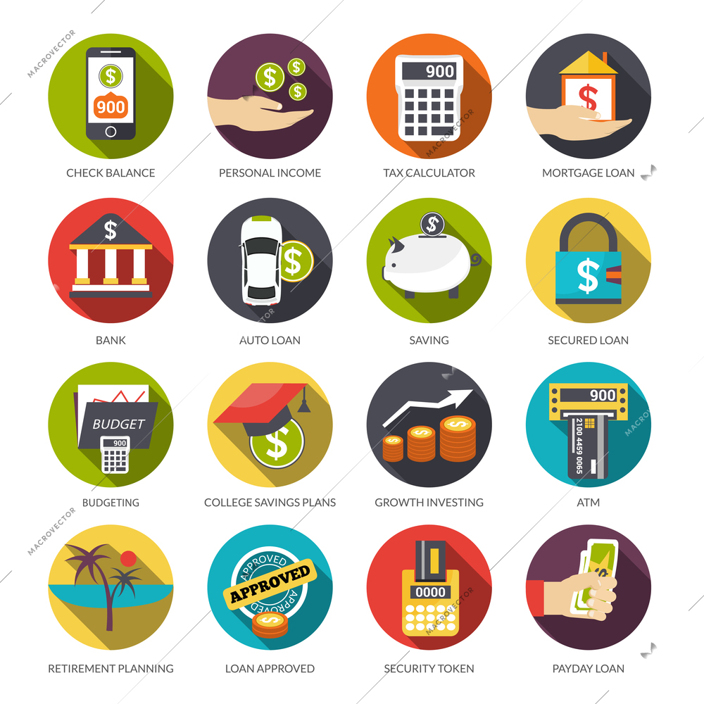 Loan flat icons set with check balance personal income tax calculator isolated vector illustration