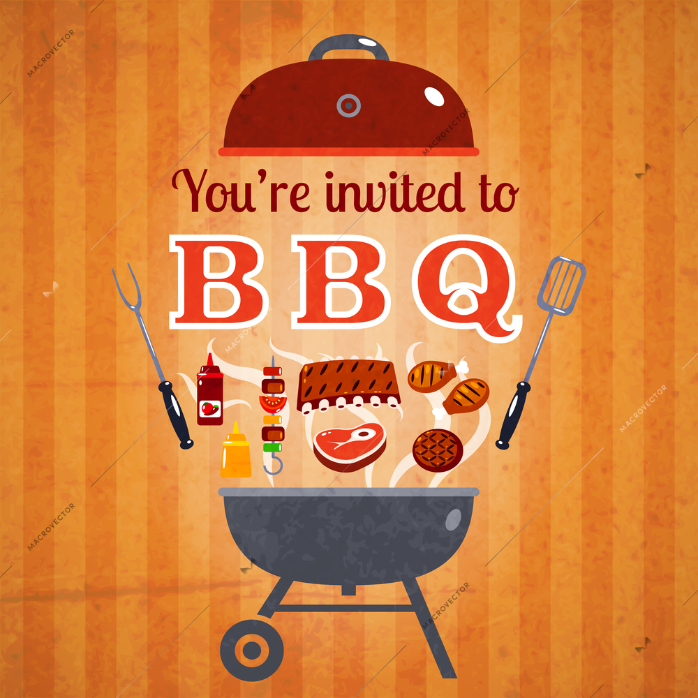 Barbecue BBQ party invitation announcement billboard with steaks hamburgers and ketchup poster classical abstract vector illustration