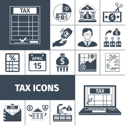 Taxes and fees payment and contribution date flat silhouette icon set isolated vector illustration