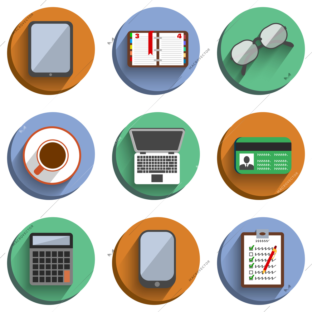 Business set workplace icons of book computer coffee and glasses with shadows vector illustration