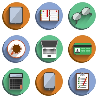 Business set workplace icons of book computer coffee and glasses with shadows vector illustration