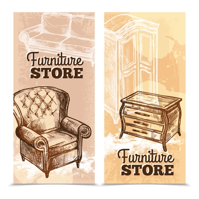 Furniture banners vertical set with vintage hand drawn interior objects isolated vector illustration