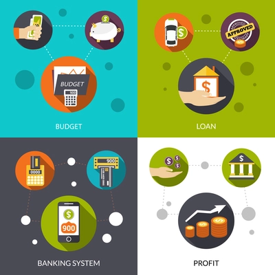 Banking system loan and financial profit flat design decorative icons isolated vector illustration