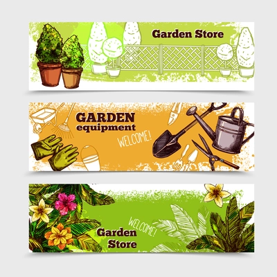 Garden horizontal banner set with sketch seedling equipment isolated vector illustration