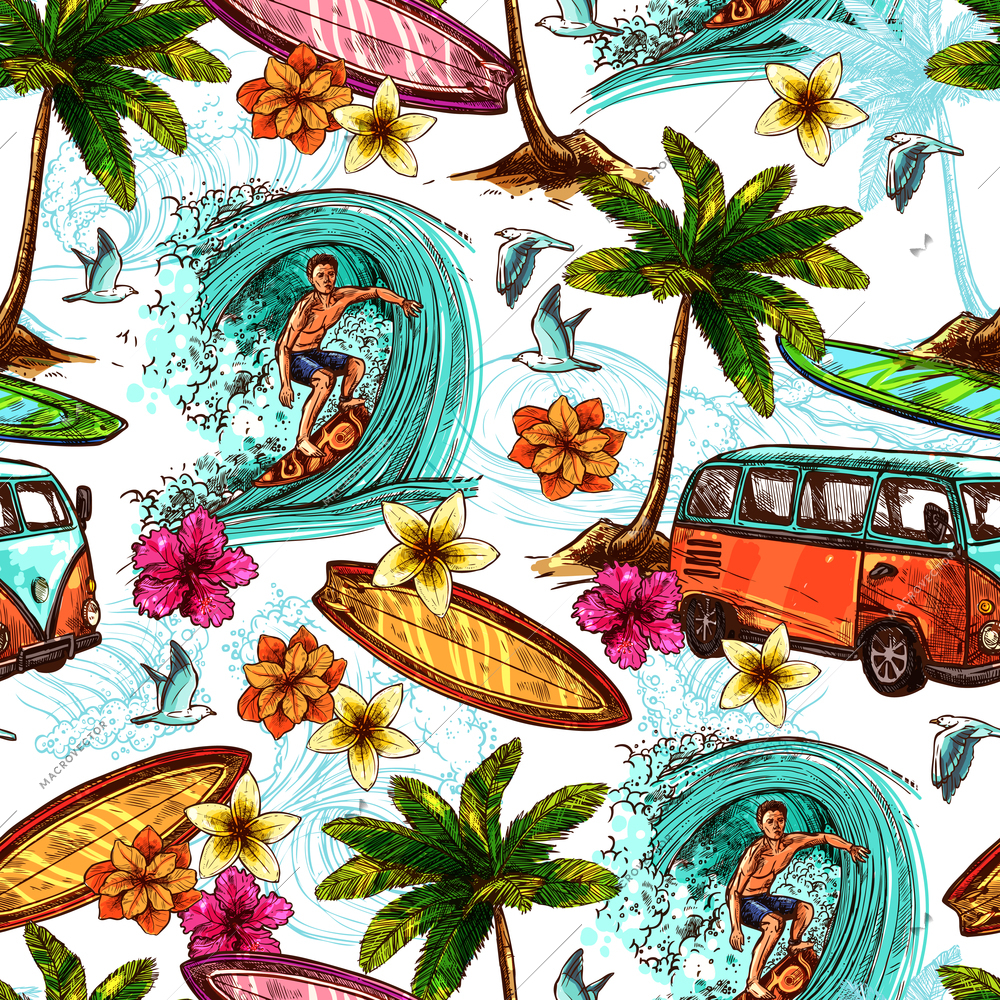 Surf seamless pattern with sketch surfer and tropical beach elements vector illustration