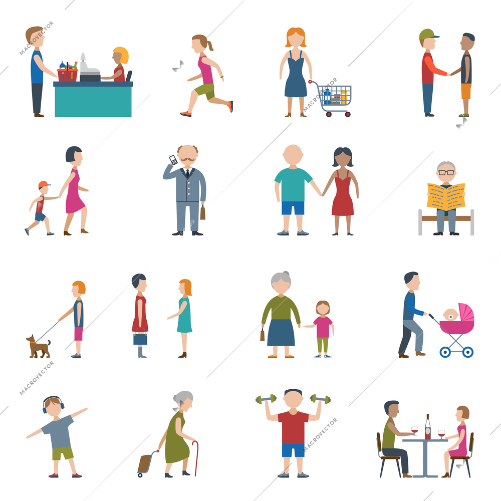People lifestyle man and woman in work and daily situation flat color icon set isolated vector illustration