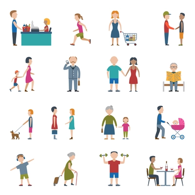 People lifestyle man and woman in work and daily situation flat color icon set isolated vector illustration