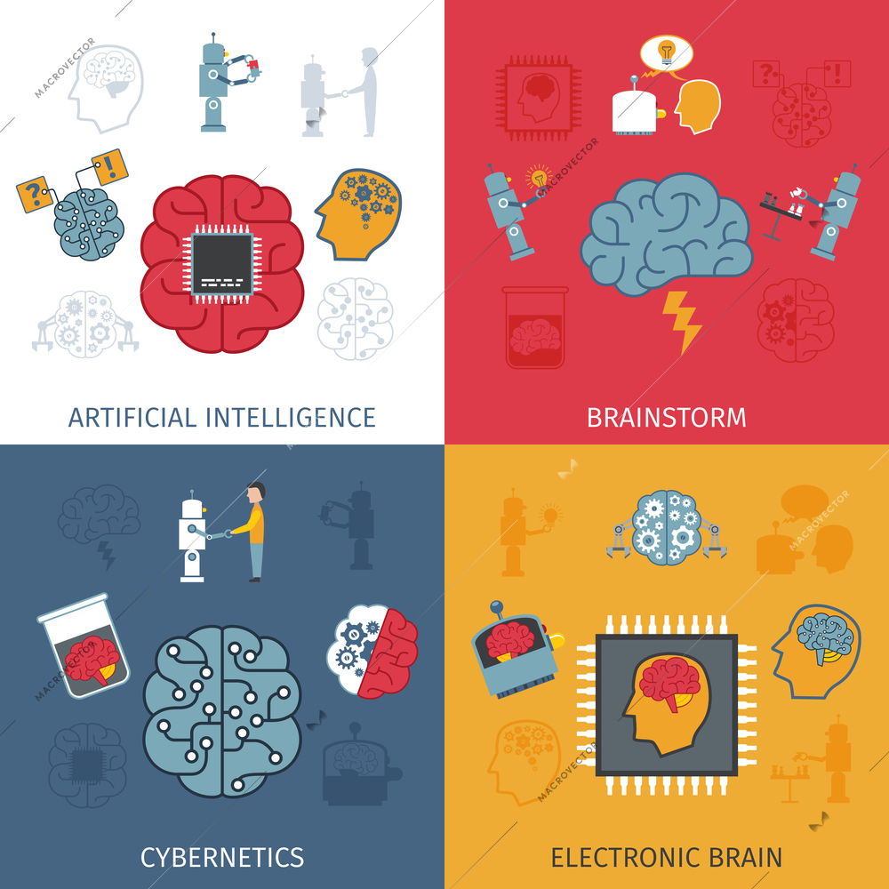 Artificial intelligence design concept set with electronic brain flat icons isolated vector illustration