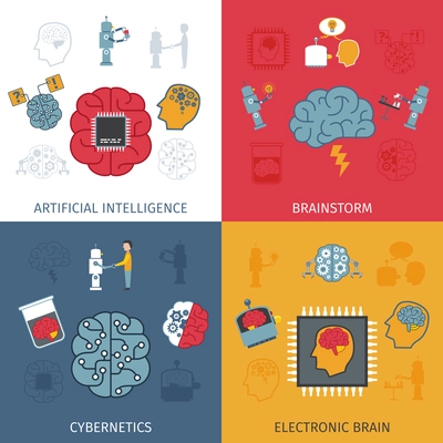 Artificial intelligence design concept set with electronic brain flat icons isolated vector illustration