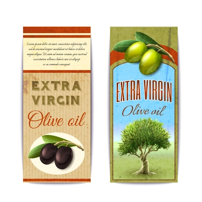 Extra virgin olive oil labels with black and green olives vertical banners set abstract isolated vector illustration