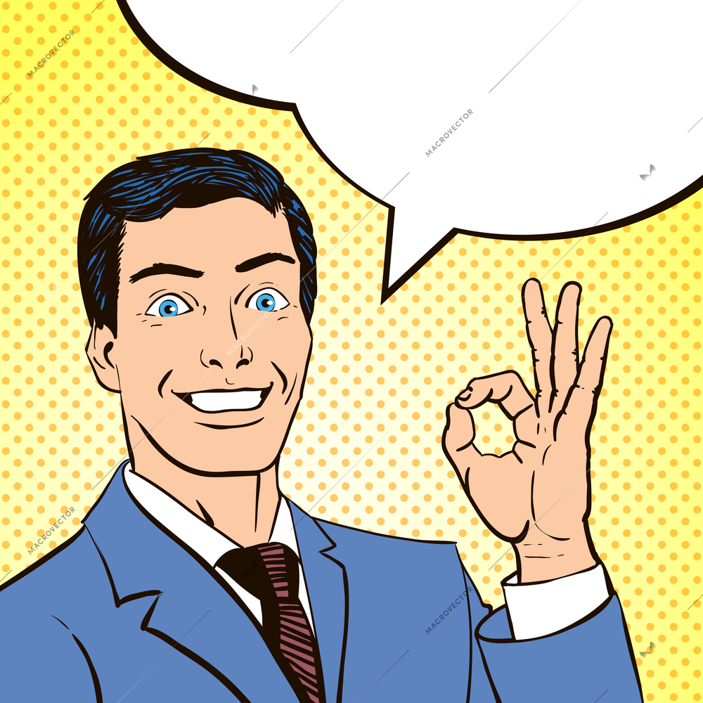 Comics book panel with smiling young man and a speech bubble making ok sign abstract vector illustration