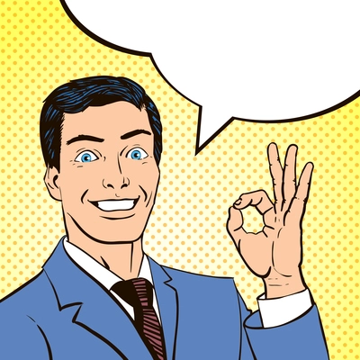 Comics book panel with smiling young man and a speech bubble making ok sign abstract vector illustration