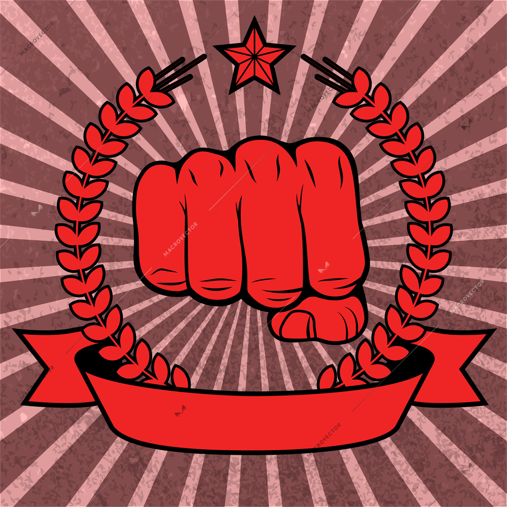 Clenched fist red poster with ribbon vector illustration