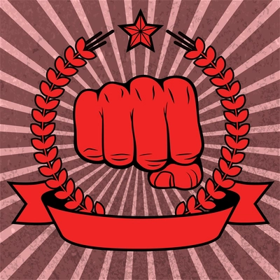 Clenched fist red poster with ribbon vector illustration