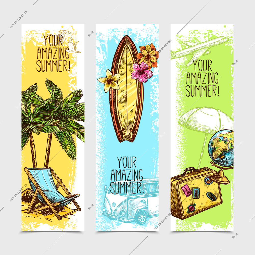 Travel vertical banner set with sketch palm surfing board and suitcase isolated vector illustration