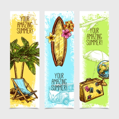 Travel vertical banner set with sketch palm surfing board and suitcase isolated vector illustration