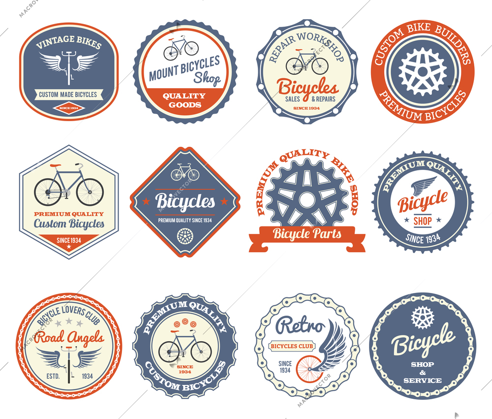 Cycling and bicycles club retro emblems set isolated vector illustration
