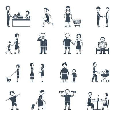 Human daily life work walk communication and relationship flat silhouette icon set isolated vector illustration