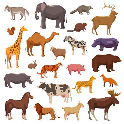 Big wild domestic and farm animals decorative icons set isolated vector illustration