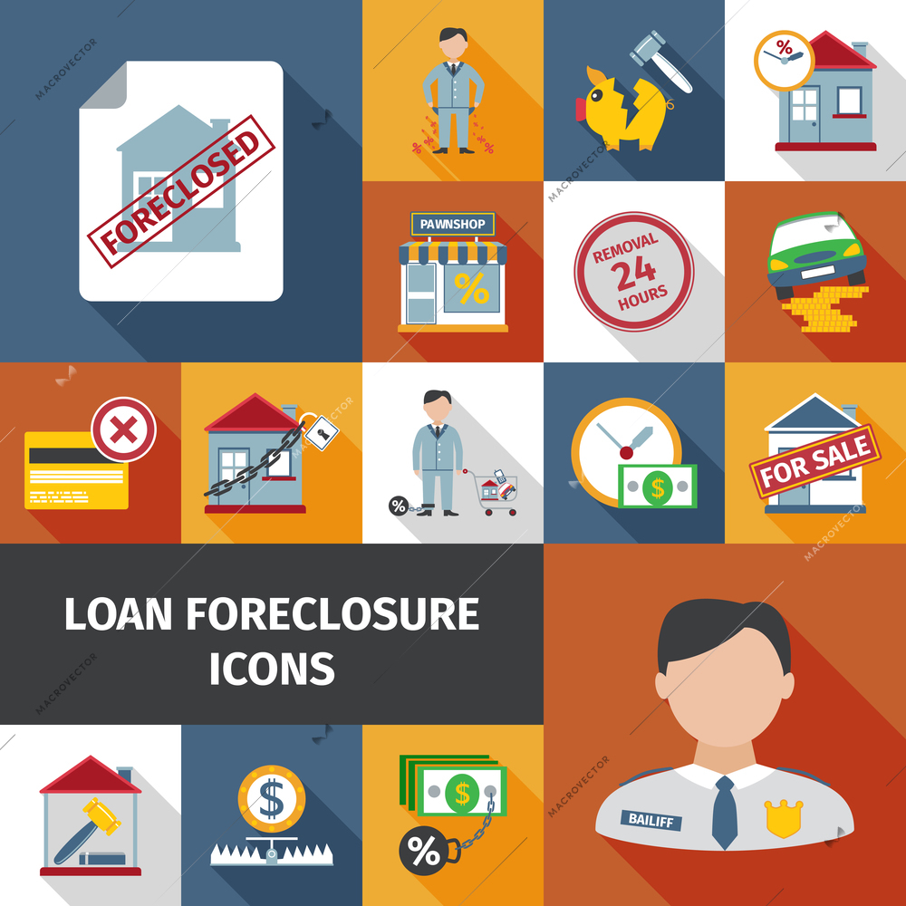 Loan foreclosure and debt crisis icon set isolated vector illustration