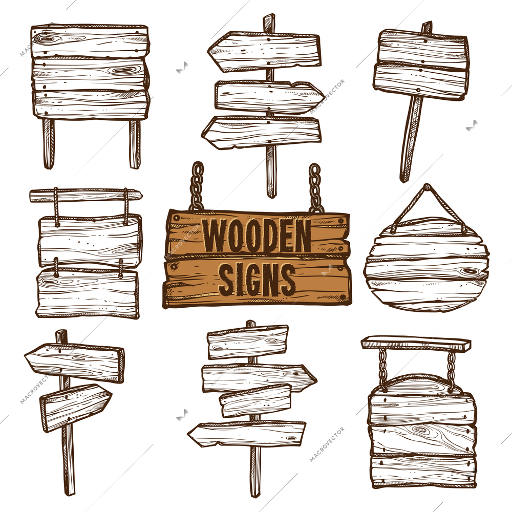 Wooden signposts and signboards on chains and ropes flat sketch icon set isolated vector illustration