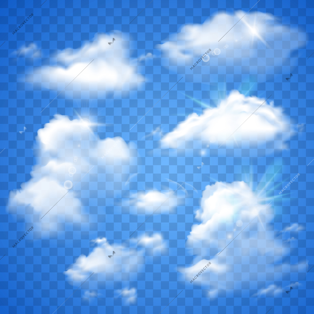 Realistic clouds decorative icons set on transparent blue sky background vector illustration