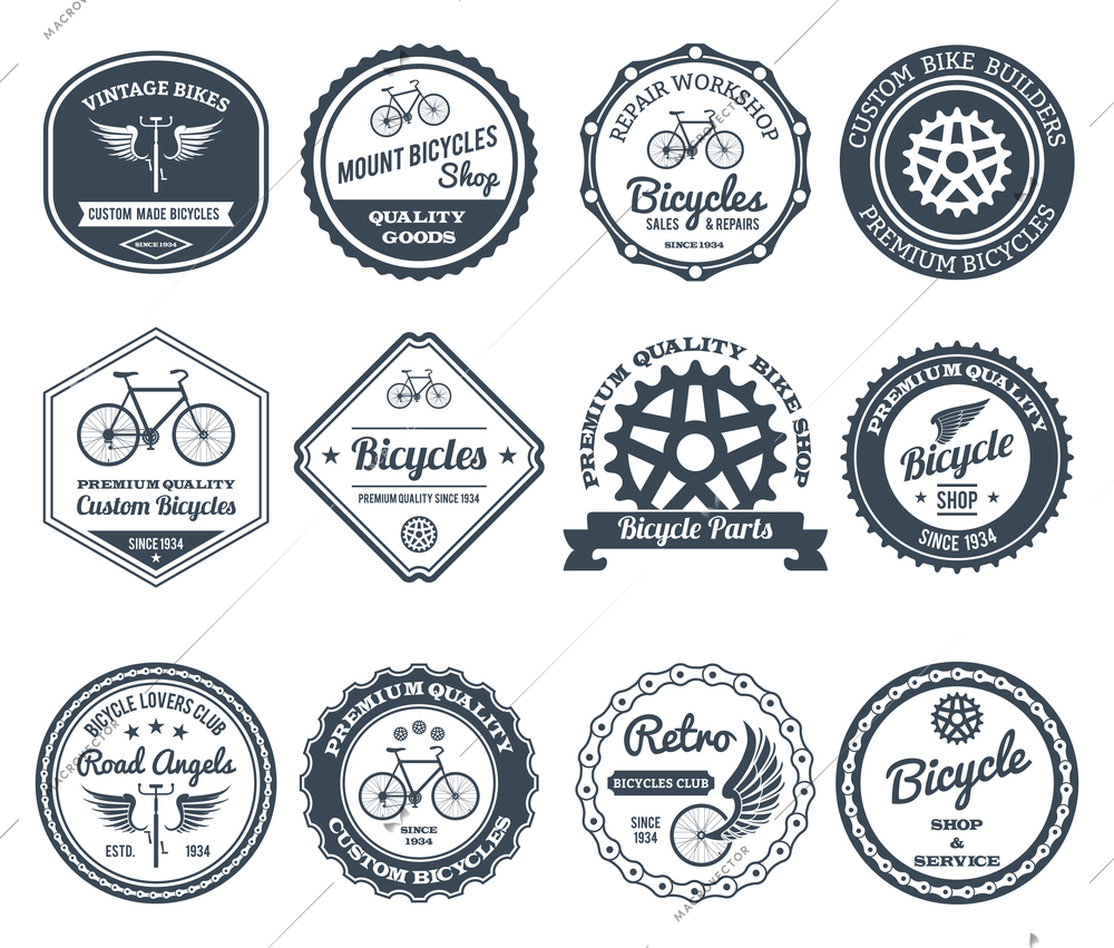 Cycling club retro decorative emblems black set isolated vector illustration