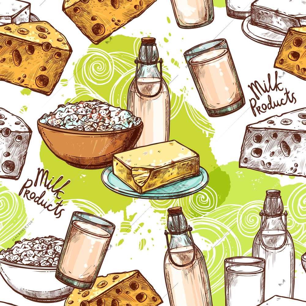 Milk seamless pattern with sketch healthy dairy products vector illustration
